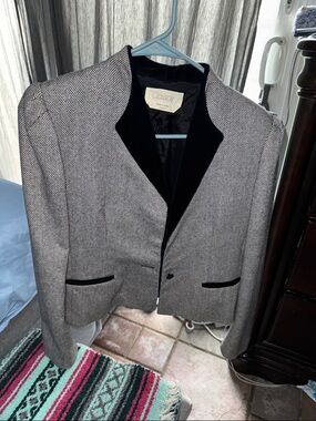 Cassidy Women's Gray Herringbone Blazer with Black Velvet Trim